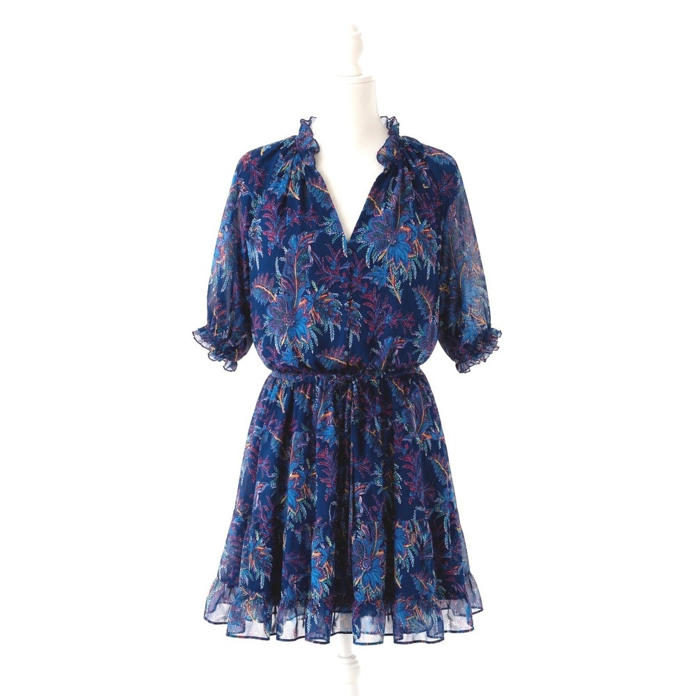 Ralph Lauren Blue Floral Ruffle Chiffon Dress 14 Tropical Resort Elastic Waist